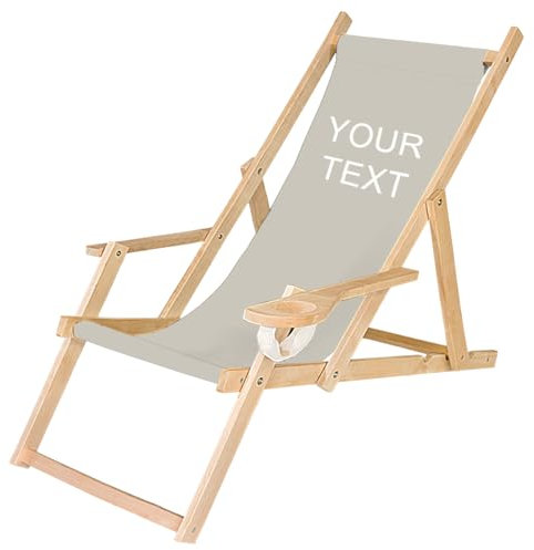 Ferocity Holz-Liegestuhl Klappbar Klappliegestuhl mit Armlehne und Getränkehalter Strandstuhl Text Bedrucken Hellgrau [119]