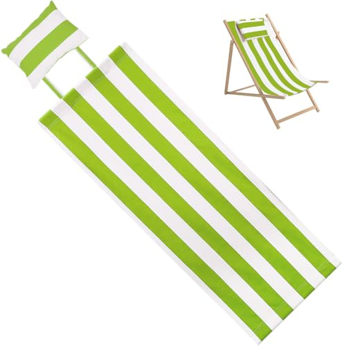 GORGECRAFT Strandstol kanvas med kudde 113 x 43 cm olivvita ränder, ersättande solstolar, tygtyg, utomhus, hopfällbar loungestol för uteplats, utomhus, solbad, trädgård, innergård