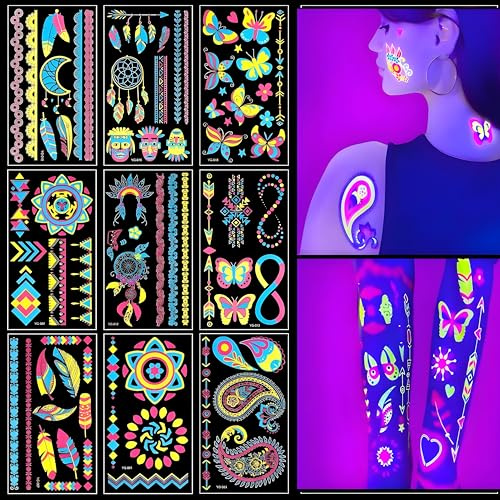 9PCS Neon Temporary Tattoos, 200+ Multiple Unique Designs Glow in the Dark Temporary Tattoos for Women,UV Neon Waterproof Fake Tattoo Stickers Rave Festival Accessories for Women Girls Party Supplies