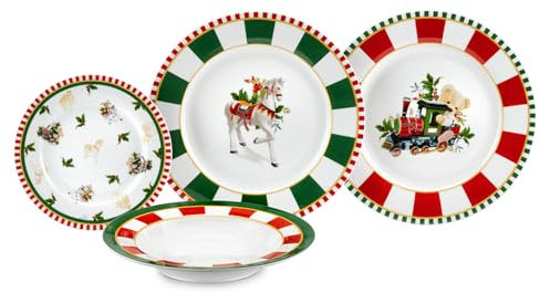 Fade Set 18 platos navideños, servicio para 6 personas en porcelana con adornos navideños Circo