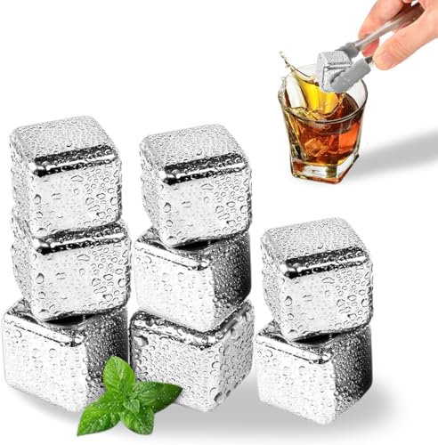 WUSJCOF 8 Piezas Cubitos Hielo Reutilizables,304 Acero Inoxidable Cubitos de Hielo y Pinzas,Calidad Alimentaria Piedra de Enfriamiento Rápida,Regalo Ideal para Amantes del Vino