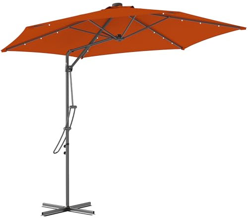 Outsunny 3(m) Cantilever Parasol with Solar LED and Easy Lever, Garden Parasol Umbrella with Cross Base and Waterproof Cover, Outdoor Sun Shades, Orange