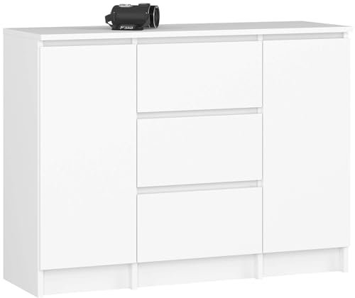 AKORD Kommode K100 mit 3 Schubladen, Schrank mit 2 Tür 4 Regalböden, Für das Wohnzimmer Schlafzimmer, Moderne, 16mm Laminierte Platte, B101xH76xT35 cm, Farbe Weiß & Weiß