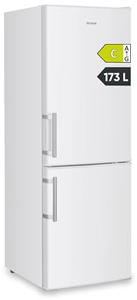 SEVERIN Kühl-Gefrierkombination, Energieeffizienzklasse C, Kühlen 121L, Gefrieren 52L, LED Beleuchtung, 142,5 cm Höhe, 4-Sterne-Gefrierfach, verstellbare Ablagefläche, 124 kWh, weiß/Metall, DT 8770