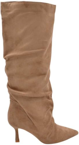 Stivale Alto Slouchy camoscio Beige Donna Linea Basic con Tacco a Spillo Kitten 3 cm Gambale Over a Punta Zip (40 EU)