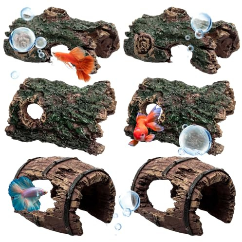 ZYEKIU 6 Pièces Grotte Aquarium Decoration Aquarium Plantes Artificielles Cachette, Grotte, avec Herbe Verte Cacher Décoration en Résine Cachette Tronc D’Arbre Accessoires D'Aquarium pour Crevettes