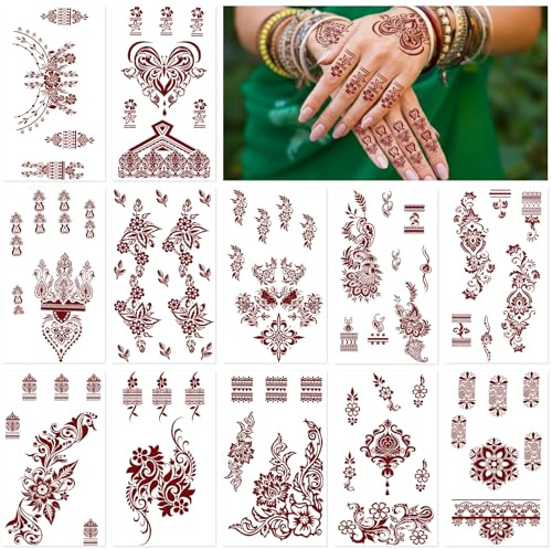 RAZET 12 Fogli Tatuaggi Temporanei Donna, Tatuaggi Marrone Effetto Realistico Impermeabili, Tatuaggi Mandala Adesivi per Matrimoni e Feste, 21x12cm