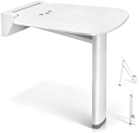 Folding Shower Seat Wall Mounted - Fold Up Shower Stool with Legs for Elderly, Ergonomic Anti-Slip Shower Chair with 42cm Wide Seat, Aluminium Legs, 7cm Slim Fold, White