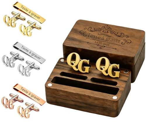 Boutons de Manchette et Pince à Cravate Personnalisés avec Boîte en Bois – Cadeau Mariage avec Nom ou Initiales, Accessoire pour Marié, Papa, Témoin, Idée Cadeau Anniversaire et Fête des Pères (01)
