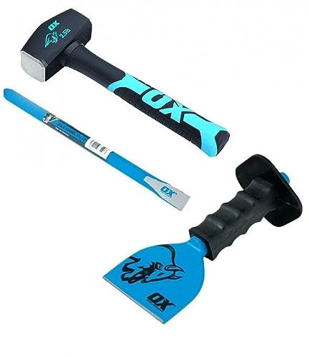 OX Striking & Demolition Tools Set - Fibreglass Handle Club Hammer 2LB, Cold Chisel - ¾ X 12 / 20MM X 300MM and Brick Bolster with Guard - 4 / 100mm