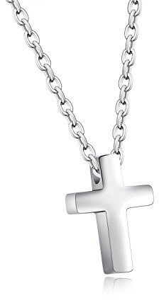 Eymi Children Stainless Steel Small Cross Pendant Necklace Security Hypoallergenic, 16 Chain (Silver-Tone)