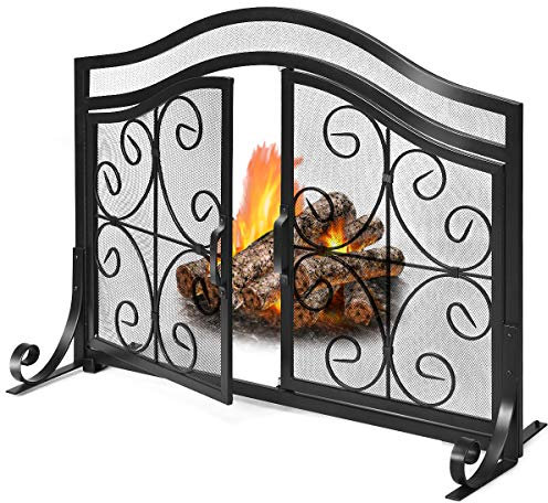 COSTWAY Fireplace Screen with Magnetic Doors, Freestanding Iron Safety Fire Guard, Home Flat Spark Flame Barrier for Wood, Coal Firing, Stoves, Grills
