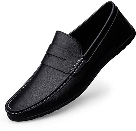 Men's Loafers Flat Breathable Casual Leather Moccasins Handmade Slip On Driving Business Shoes Black Size 8.5