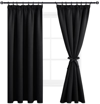 DWCN Sovrum gardiner för skensystem set om 2 stycken H 183 x B 167 cm, mörkläggningsgardiner med gardinband, veckband gardiner korta mörka gardiner mörka för barnrum, svart