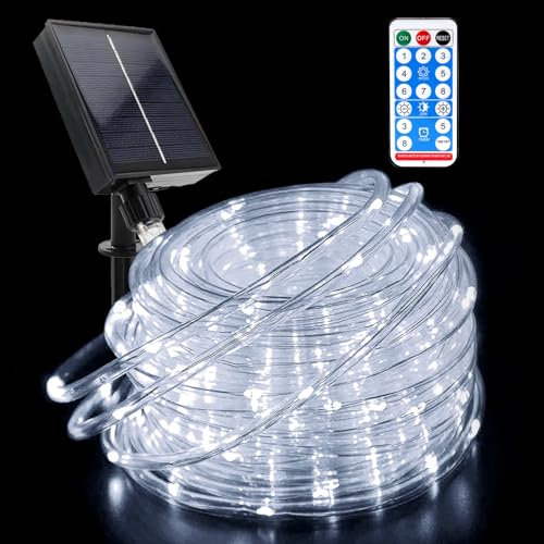 GHONLZIN Solar String Lights Outdoor Rope Lights 65.6ft 8 Modes 200 LEDs Solar Powered Waterproof Rope Lights with Remote for Garden Wedding Christmas Party Holiday Decorations (22M-White)