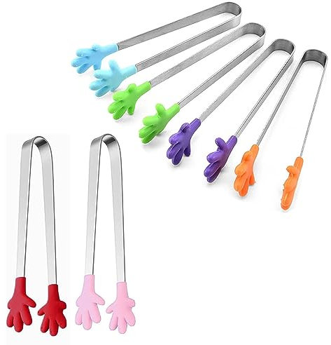 (6 Colors) Mini Hand Tongs,Sweet Tongsfor Pick Mix,Sugar Ice Tongs,Stainless Steel MiniTongs Food Tongs with Skid-Proof Hand Shape Silicone for Supermarket Sweet Candy Coffee Ice Bucket,Bar Kitchen
