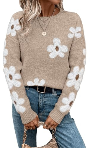 SHENHE Women's Floral Pattern Crewneck Long Sleeve Drop Shoulder Sweaters Pullover Tops Floral Khaki Medium