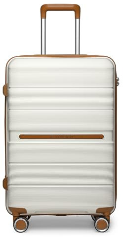 British Traveller Reisekoffer Handgepäck Hartschalenkoffer mit 8 Spinnerräder, 100% PP Koffer Trolleys, Rollkoffer 56 * 37 * 22cm mit TSA-Schloss Beige