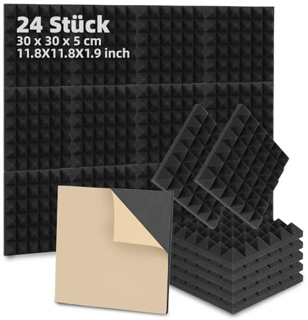 Fiqops 24 Stück Akustikschaumstoff Selbstklebend Akustikpaneele 5x30x30 cm Schalldämmung wand Echo-Fliesen reduzieren,Schallschutz für Tonstudio,Gaming Deko,Podcasts, Schwarz Pyramide