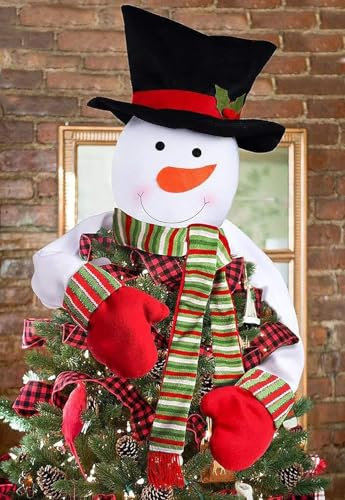 KAHEIGN Christmas Tree Topper, 37CM Large Snowman Xmas Tree Top Hat with 53CM Long Stripes Scarf and Arm for Home Christmas Holiday Winter Wonderland Party Decor Desktop Ornaments