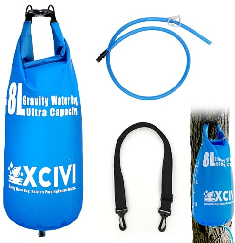 xcivi 8 Liter Gravity Water Bag for Camping, Traveling, Backpacking, Hiking and Emergencies for Survival Water Filter Straws Collapsible Squeezable 8L Water Bag, 2 Gal Bag