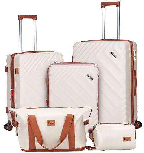 Rosamo 5 piece Luggage Set Expandable Suitcase 22x14x9 Airline Approved Carry on, ABS Hard Case Suitcases with Spinner Wheels, TSA Lock (Beige)