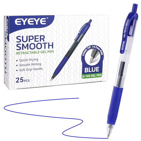 EYEYE G-103 - Penne gel blu da 0,7 mm, confezione da 25 penne gel retrattili a punta media, scrittura fluida, per ufficio e scuola