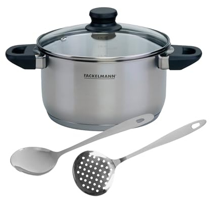 Fackelmann Set de Olla y Utensilios, incluye Olla Alta Acero Inoxidable 20 cm Fackelmann Geneva, Capacidad 3,4 Litros, Cucharón y Espumadera de Acero Inoxidable