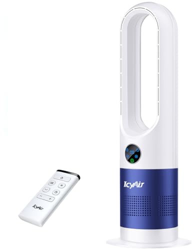 IcyAir Rotorloser Ventilator, Turmventilator sehr Leise, 35 dB, 90° Oszillation, 8 Geschwindigkeiten, 9H Zeitschaltuhr, Kindersicher, LED-Anzeige, Ventilator Schlafzimmer Leise mit Fernbedienung
