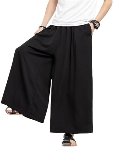Generisch Pantalon de loisirs japonais Hakama pour homme, avec jambes larges et taille élastique, pantalon léger, coupe décontractée, Noir , L