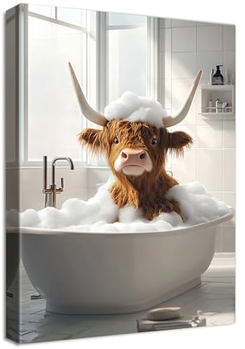Wooden Framed Canvas Wall Art Funny Bathroom Highland Cow Wall Art Painting on Canvas Prints Poster Bathing Cow Animals Humor Pictures for Living Room Bedroom Hallway Corridor Bar Decor 40x60cm