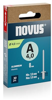Novus Tools Aluminium-Blindnieten Ø 4,0 mm, 8 mm Länge, 30 Nieten, 3,0-5,0 mm Klemmlänge, ideal zur Befestigung von Nichteisen-Metall, Kunststoff, Leder und Stoffe