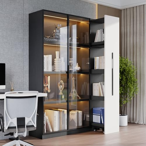 Armadio multifunzione 110,5 × 35 × 160 cm – Vetrina con porta in vetro e LED, estraibile laterale, mobile – design in bianco e nero, armadietto alto in stile moderno, libreria, armadio da bagno
