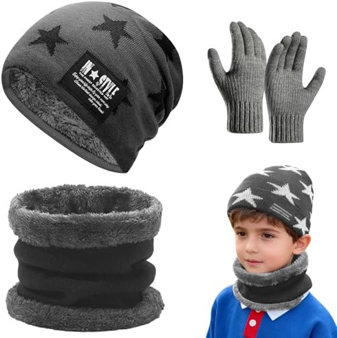 Solivive Winterliches 3 Stück Mütze, Schal und Handschuhen Set Kinder,Warm Halten Kindermütze,Loop Schal Kinder,Geeignet für Jungen und Mädchen, Kindergeschenke(Grau)