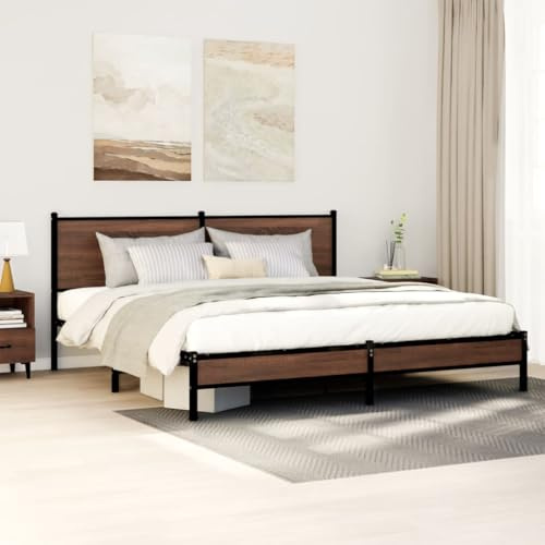 Bucmath Metallsäng utan madrass, brun eklook, 183 x 213 cm, robust stålsängram med ribbotten, mångsidig sänggavel, extra förvaringsutrymme, för sovrumsmöbler