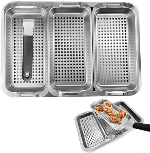 Juego de cestas de parrilla de acero inoxidable, sartenes grandes para barbacoa y bandeja para servir con mango desmontable para cocinar pescado, verduras, mariscos y carnes al aire libre