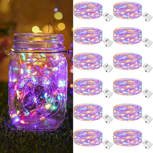 btfarm 12 Pack 3 Modes Fairy Lights Battery Operated, 2M 20LED String Light | Waterproof Twinkle Light Battery Powered, Small Silver Wire for Indoor Jars Party Wedding Christmas Decoration, Multicolour