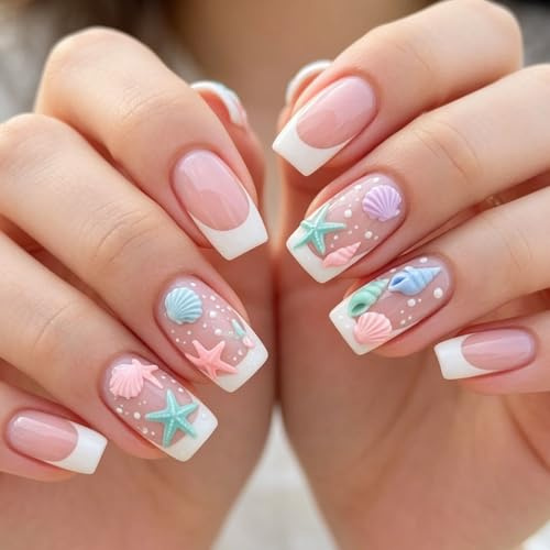 Floruvia 24Pcs Summer Press-On Nails Short Square, Beach False Nails with Starfish Shell Design, French Stick-On Nails Full Cover for Women