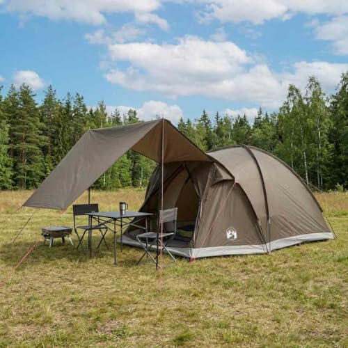 LoogCape Cabin Tent Brown Grey 4 People Polyester Steel 398 x 260 x 177 cm Waterproof Pop Up Tent with Rain Throw for Camping Festival Outdoor