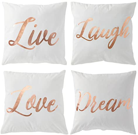 Set of 4 Rose Gold Throw Pillow Covers, 43x43cm Decorative Pillow Cases with Live, Laugh, Love, Dream in Elegant Script