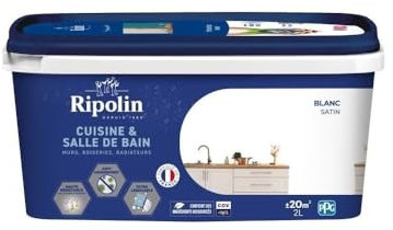 Ripolin - Peinture Intérieure Cuisine et Bain – Murs, Boiseries et Radiateurs - Adapté Pièces Humides - Effet Perlant - Lessivable - Haute Résistance - Blanc - Satin - 2L