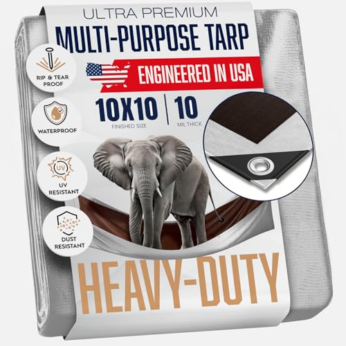 10x10 Heavy Duty Tarp, Waterproof, 10 Mil Thick, High Durability, Tear & Fade Resistant, UV Treated, Grommets Every 18 Inches (10' x '10')