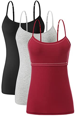 Ymmchy Women Camisoles Adjustable Strap Tank Top with Shelf Bra Cami Vest Cotton Undershirts 3 Pack