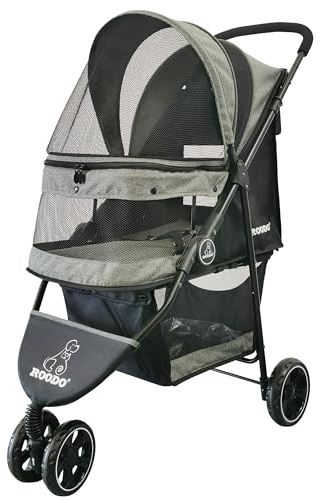 ROODO 3 Wheel Dog Pet Cat Stroller Best Lightweight Foldable Compact Portable Jogger All Terrain Travel Pet Gear Puppy Kitty Stroller for up to 30lbs Medium Small Dogs and Cats(Cationic ash)