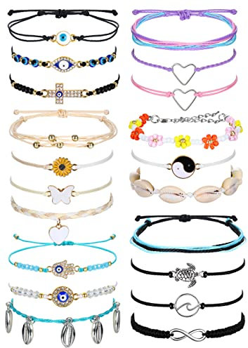 Dochais 20 Stück Boho Armbänder Geflochten, Sommer Surfer Fußkettchen, Beach Strand Set, Einstellbare Wasserdichte Freundschaftsarmbänder für Damen Frauen