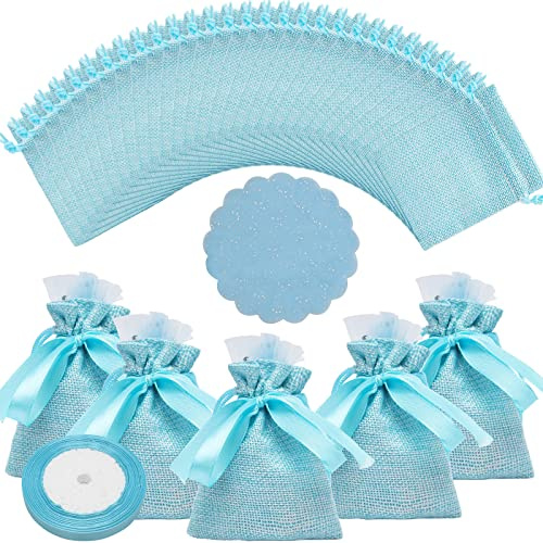 Jutepåsar tygpåsar, 30 stycken jutepåsar för smycken jutepåsar med dragsko, 8 x 10 cm små jutepåsar med organza och dekorativa band för present bröllopsfest kryddor (blå)