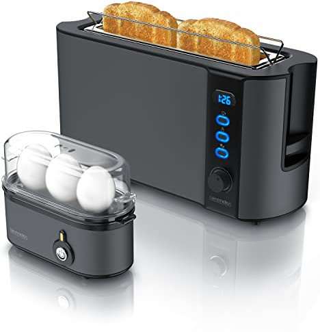 Arendo - SET Toaster FRUKOST und Eierkocher THREECOOK Edelstahl Cool Grey – Toaster 2 Scheiben, LED-Display, 6 Bräunungsgrade, Brötchenhalter - Eierkocher 1-3 Eier, Messbecher - GS BPA frei