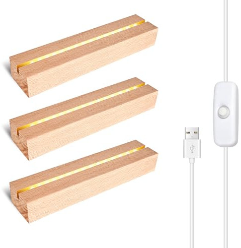LED-Lichtsockel aus Holz: 3-teilig, rechteckige Präsentationsbasis mit USB, LED-Halterung für Kristall, Acrylharz, 20 cm lang
