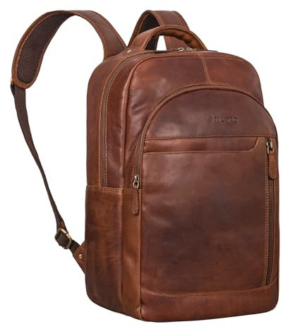 STILORD 'Alura' Large Leather Backpack Ladies and Men Modern Daypack with Many Compartments Laptop Backpack 15.6 inch Genuine Leather, Colour:Cognac-Brown