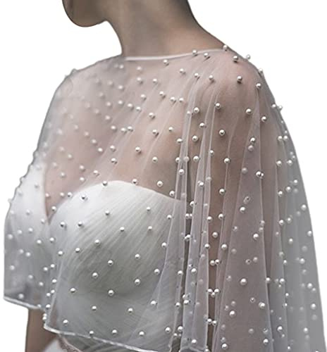 BYUTFA, accesorios de boda, capa nupcial, capa de boda con perlas, parte delantera corta, espalda larga, capa envolvente para mujer, chal de noche